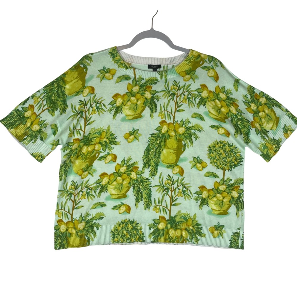 Talbots Women's Green Lemon Tree Print Knit Top Sweater Size M